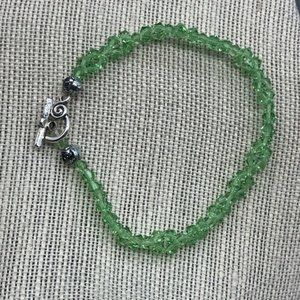 Toggle Bracelet 8 In Silver Swirl Translucent Green Faceted Bead Retro Cottage